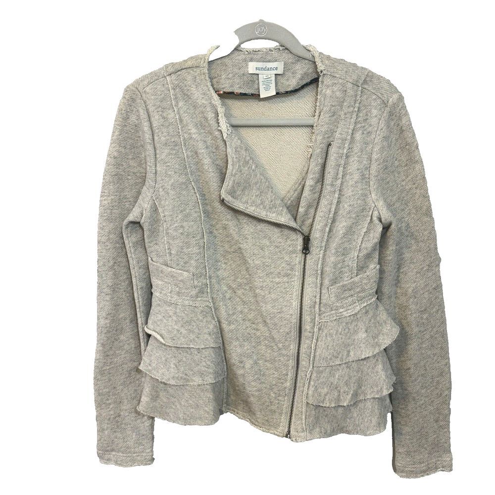 Sundance Ruffled Joy Jacket Women XS Gray Moto Raw Edges Full Zip Sweatshirt